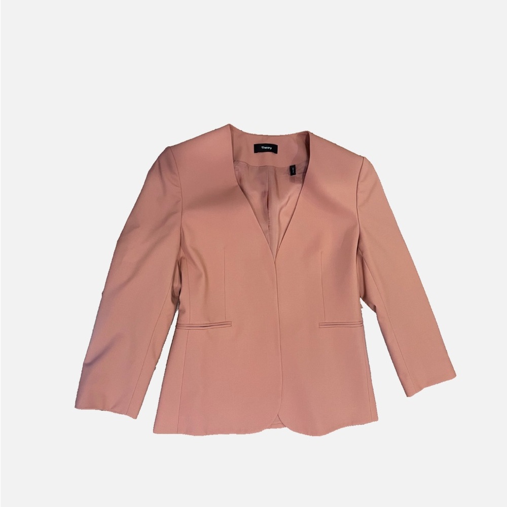 Theory Lindrayia Traceable Wool Blazer Pink Russe Size 4 Open Front 3/4 Sleeve